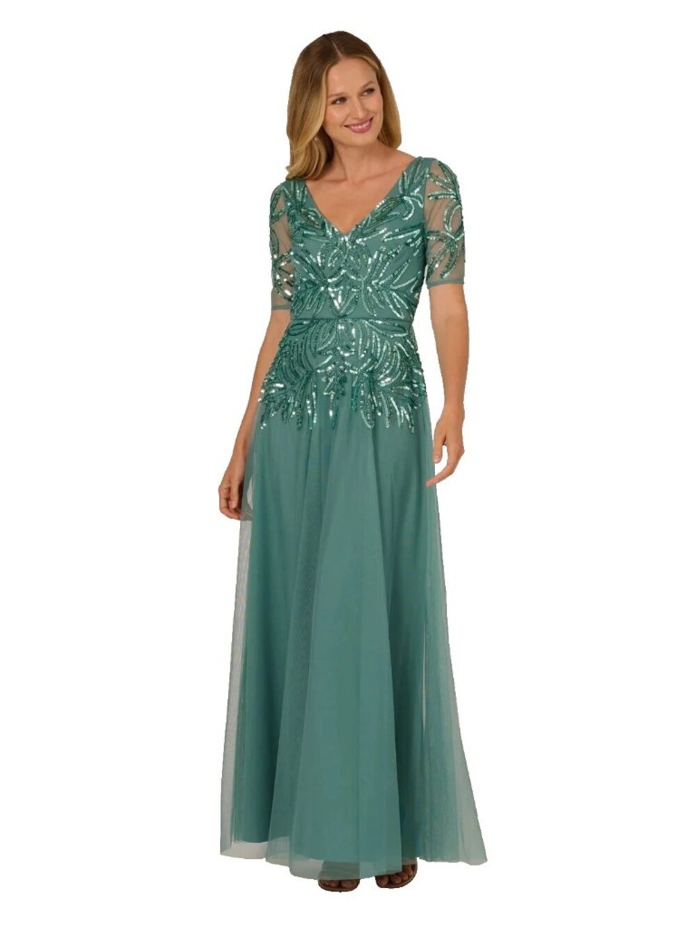 Adrianna Papell Green Slate Beaded Sequin Bodice Mesh Gown